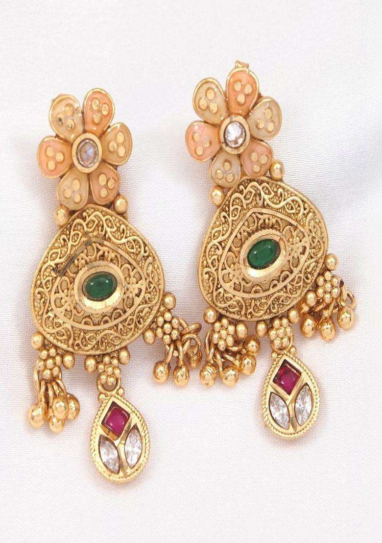 Gold-Plated Temple Stone Studded & Beaded Necklace and Earrings for Women | Traditional Temple Jewellery for Wedding & Festive Wear | Gift for Her - Indya