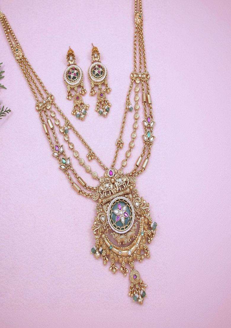 Gold-Plated Temple Stone Studded & Beaded Necklace and Earrings for Women | Traditional Temple Jewellery for Wedding & Festive Wear | Gift for Her - Indya