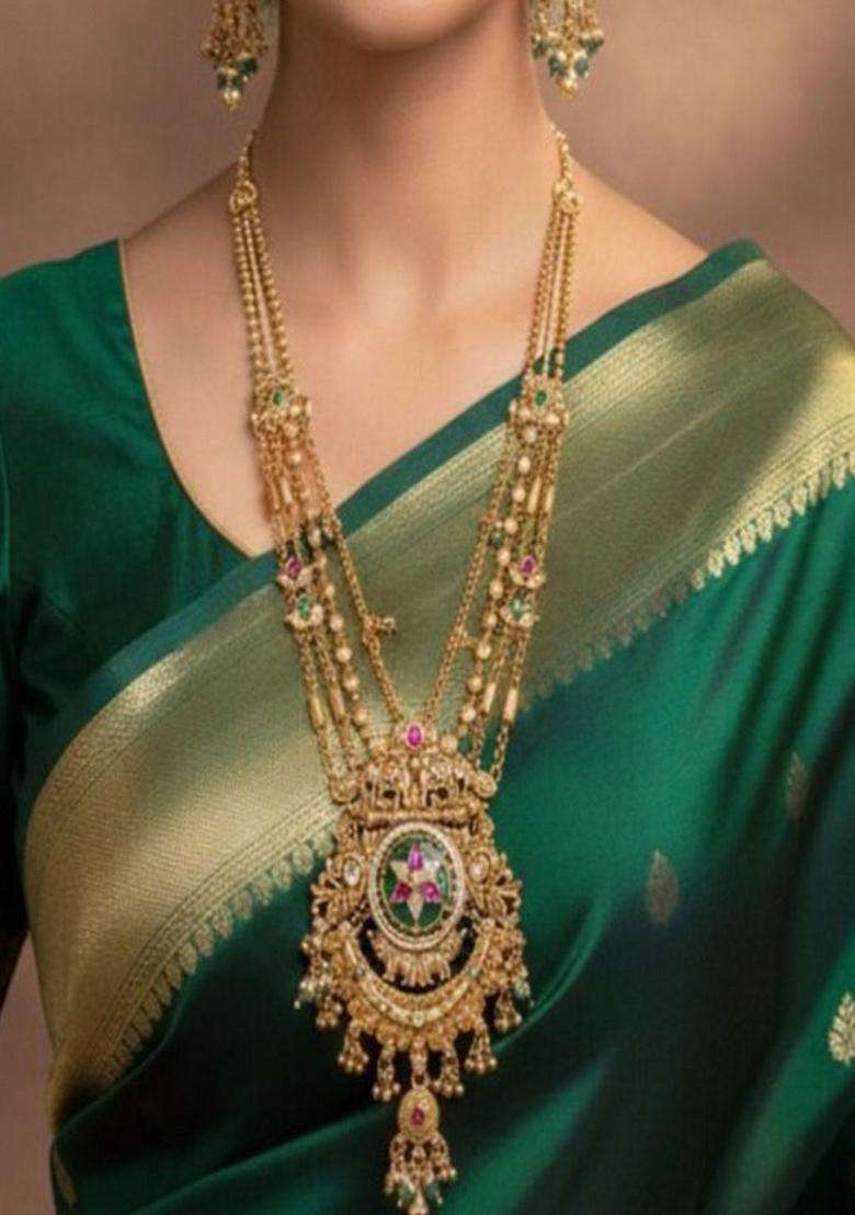 Gold-Plated Temple Stone Studded & Beaded Necklace and Earrings for Women | Traditional Temple Jewellery for Wedding & Festive Wear | Gift for Her - Indya