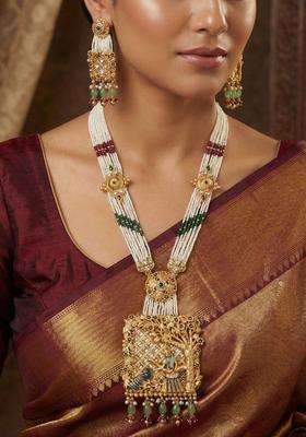 Gold-Plated Temple Stone Studded & Beaded Necklace and Earrings for Women | Traditional Temple Jewellery for Wedding & Festive Wear | Gift for Her