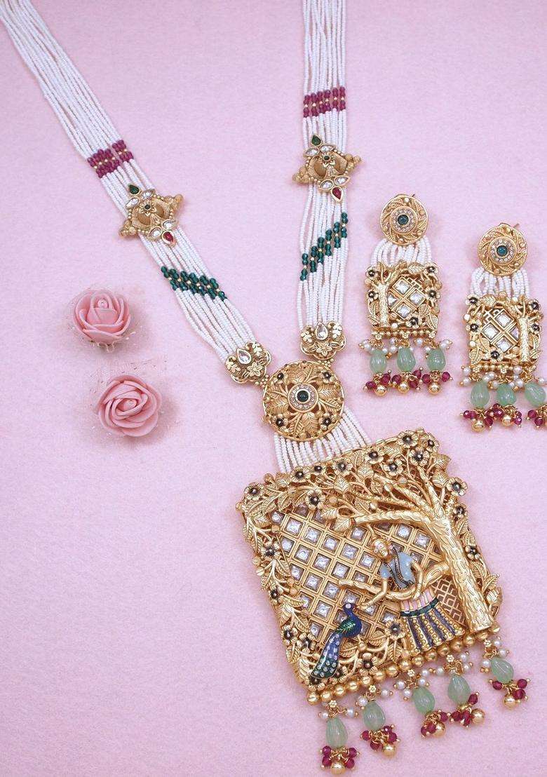 Gold-Plated Temple Stone Studded & Beaded Necklace and Earrings for Women | Traditional Temple Jewellery for Wedding & Festive Wear | Gift for Her - Indya