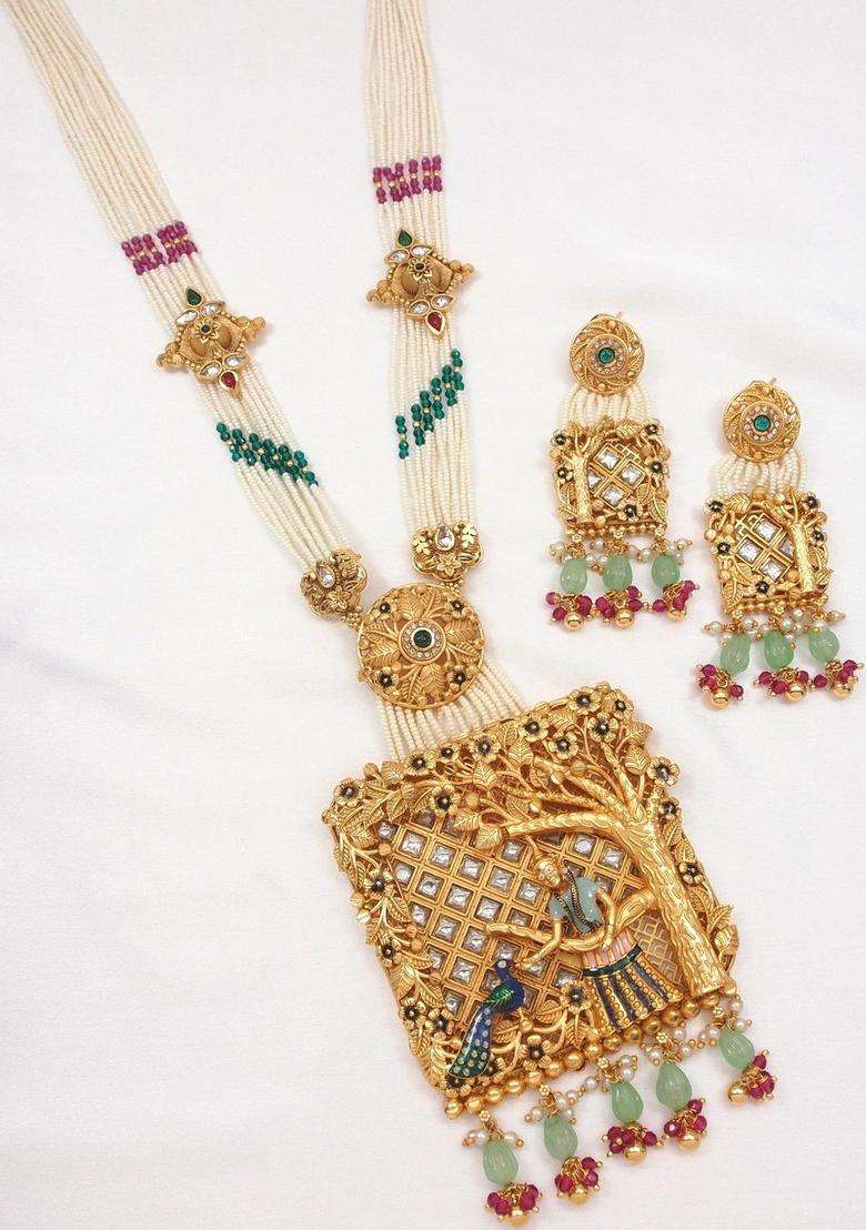 Gold-Plated Temple Stone Studded & Beaded Necklace and Earrings for Women | Traditional Temple Jewellery for Wedding & Festive Wear | Gift for Her - Indya