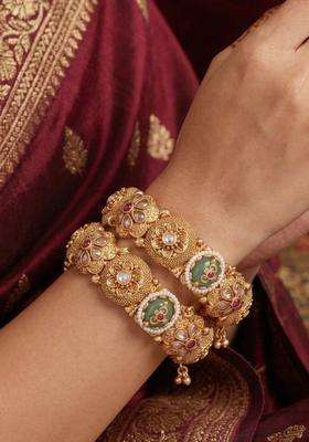Set of 2 Gold-Plated Temple Kundan Bangles for Women | Traditional Temple Jewellery for Wedding & Festive Wear | Gift for Her