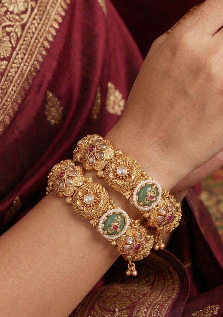Set of 2 Gold-Plated Temple Kundan Bangles for Women | Traditional Temple Jewellery for Wedding & Festive Wear | Gift for Her - Indya