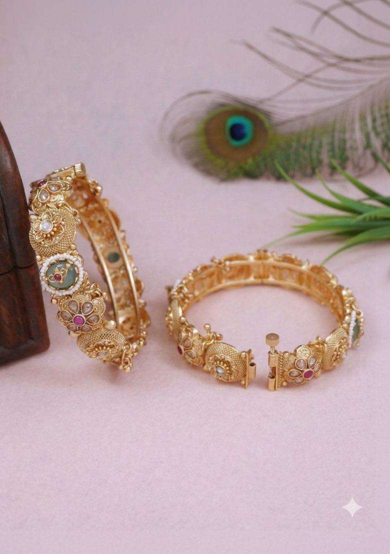 Set of 2 Gold-Plated Temple Kundan Bangles for Women | Traditional Temple Jewellery for Wedding & Festive Wear | Gift for Her - Indya