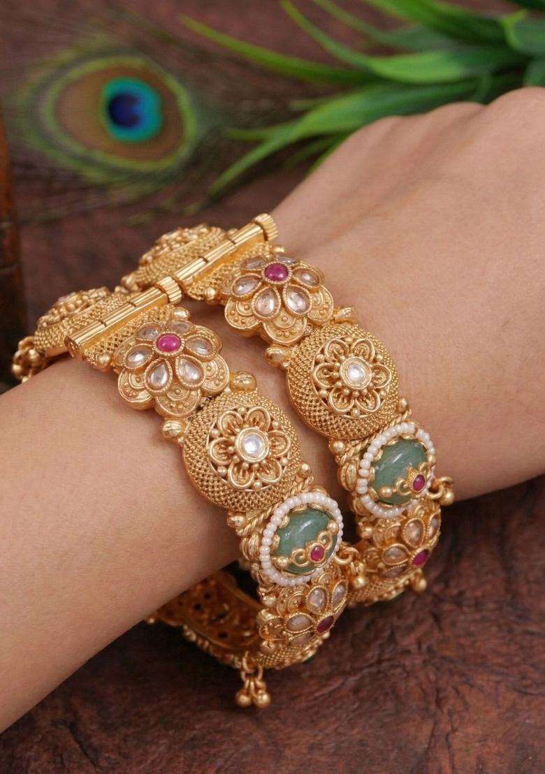 Set of 2 Gold-Plated Temple Kundan Bangles for Women | Traditional Temple Jewellery for Wedding & Festive Wear | Gift for Her - Indya