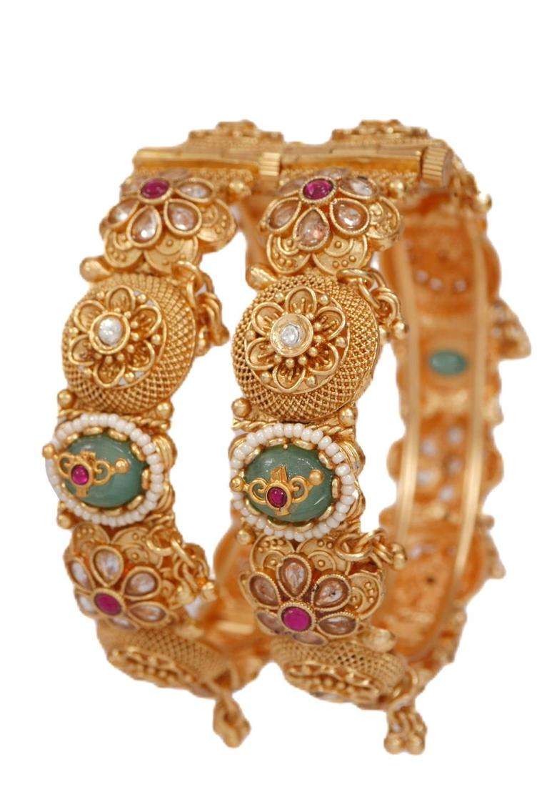 Set of 2 Gold-Plated Temple Kundan Bangles for Women | Traditional Temple Jewellery for Wedding & Festive Wear | Gift for Her - Indya