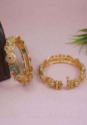 Set of 2 Gold-Plated Temple Stone Studded & Beaded Bangles for Women | Traditional Temple Jewellery for Wedding & Festive Wear | Gift for Her