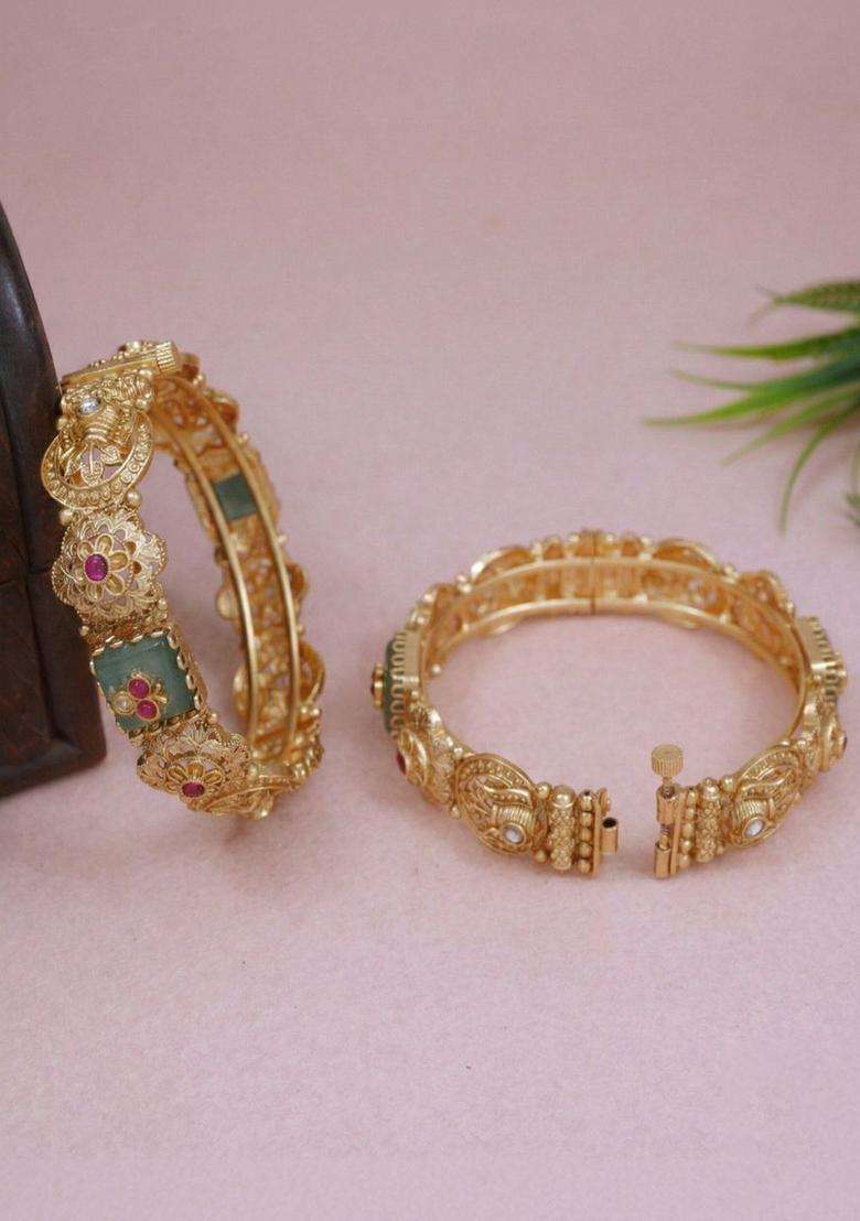 Set of 2 Gold-Plated Temple Stone Studded & Beaded Bangles for Women | Traditional Temple Jewellery for Wedding & Festive Wear | Gift for Her - Indya