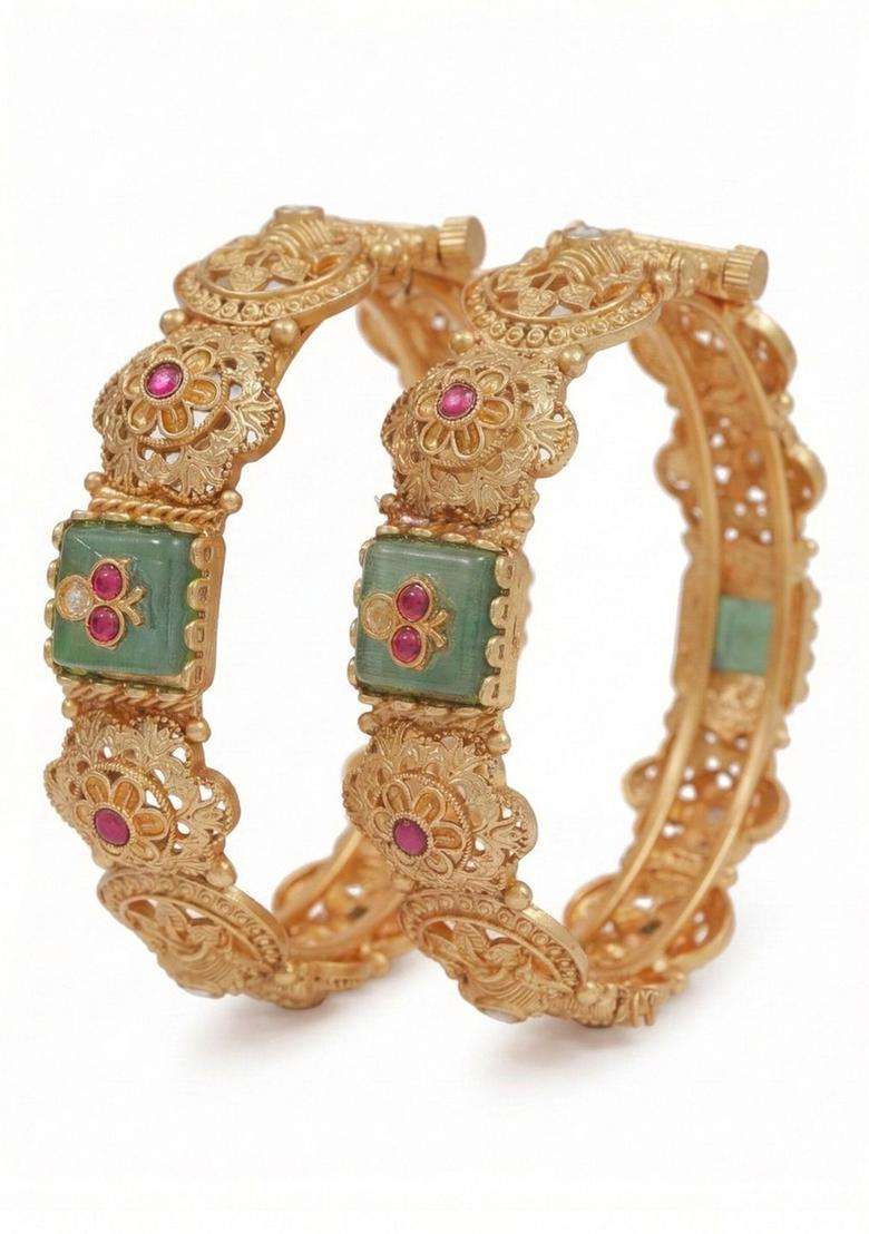 Set of 2 Gold-Plated Temple Stone Studded & Beaded Bangles for Women | Traditional Temple Jewellery for Wedding & Festive Wear | Gift for Her - Indya