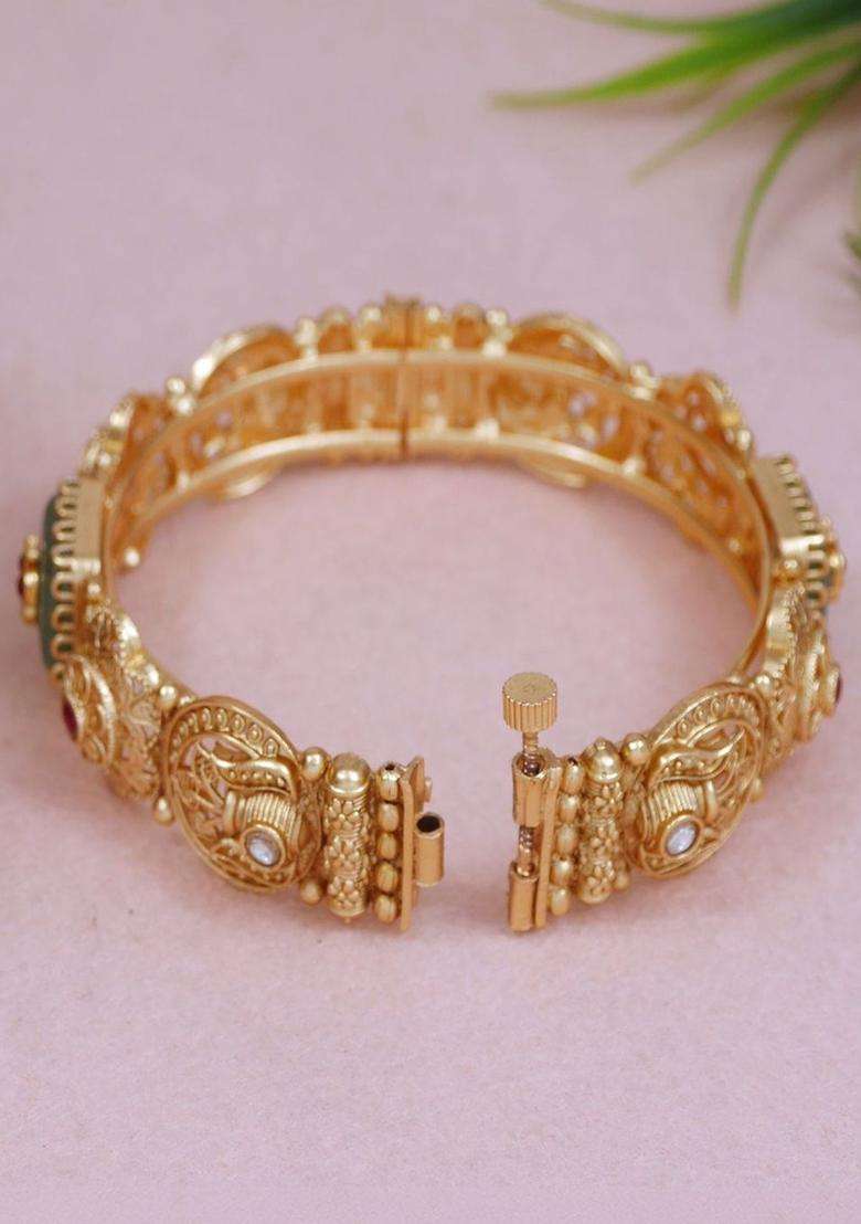 Set of 2 Gold-Plated Temple Stone Studded & Beaded Bangles for Women | Traditional Temple Jewellery for Wedding & Festive Wear | Gift for Her - Indya