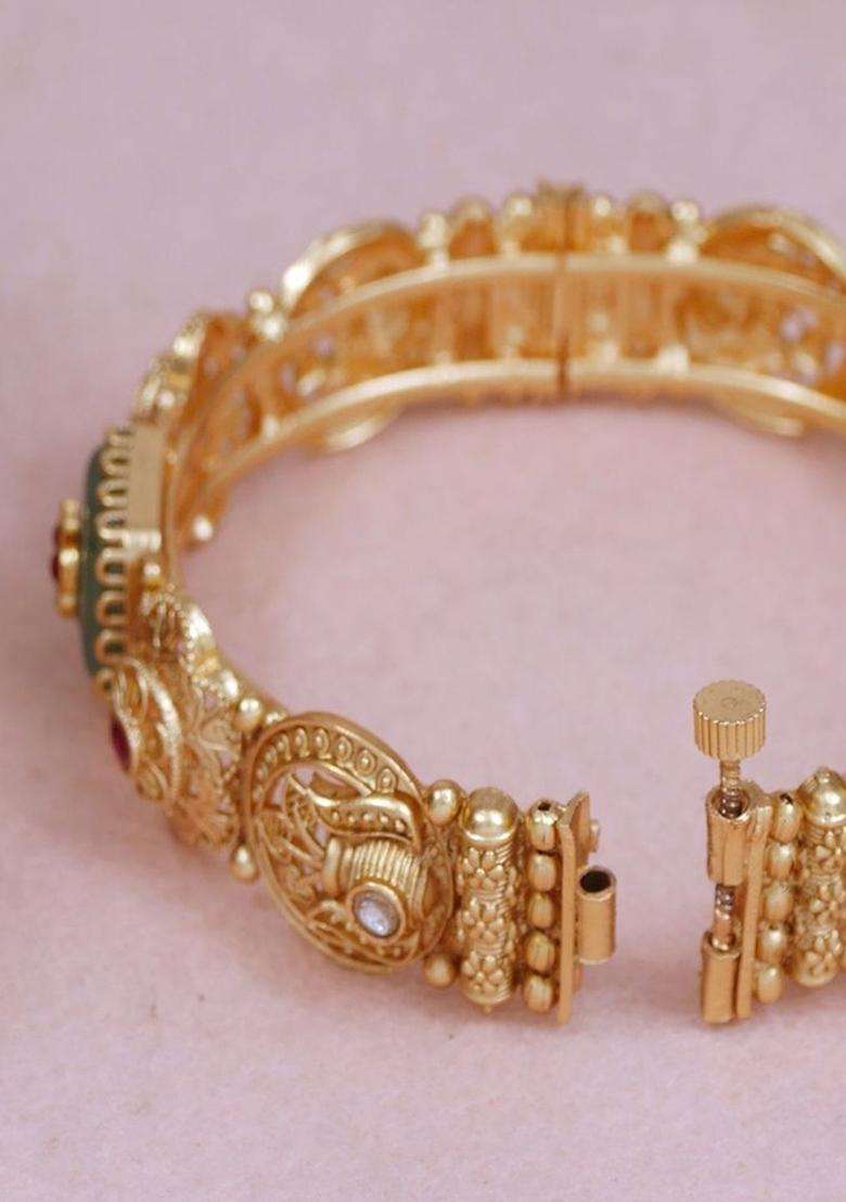 Set of 2 Gold-Plated Temple Stone Studded & Beaded Bangles for Women | Traditional Temple Jewellery for Wedding & Festive Wear | Gift for Her - Indya