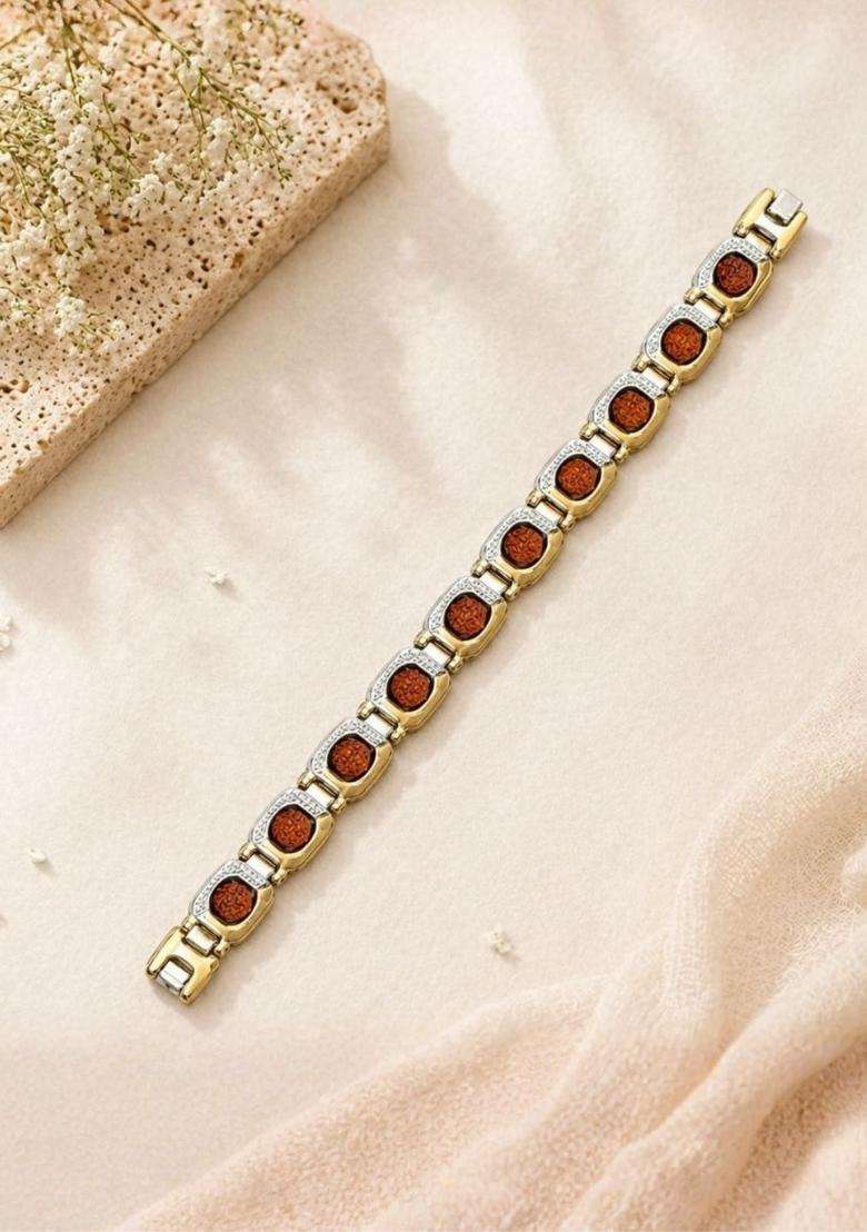 Gold-Plated Temple Rudraksha Link Bracelet for Men | Traditional Temple Jewellery for Wedding & Festive Wear | Gift for Him - Indya