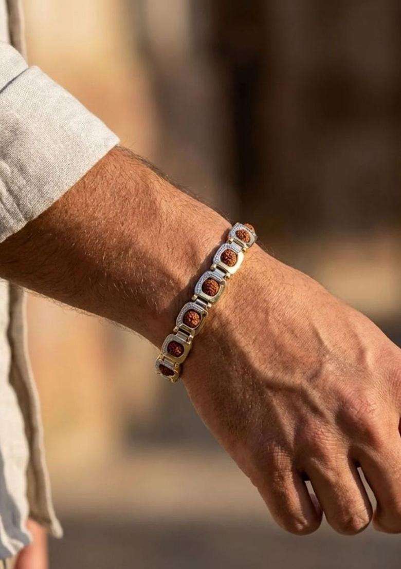 Gold-Plated Temple Rudraksha Link Bracelet for Men | Traditional Temple Jewellery for Wedding & Festive Wear | Gift for Him - Indya