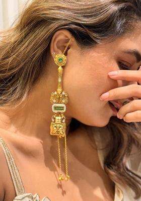 Gold-Plated Geometric Drop Earrings with Kundan for Women | Traditional Temple Jewellery for Wedding & Festive Wear | Gift for Her