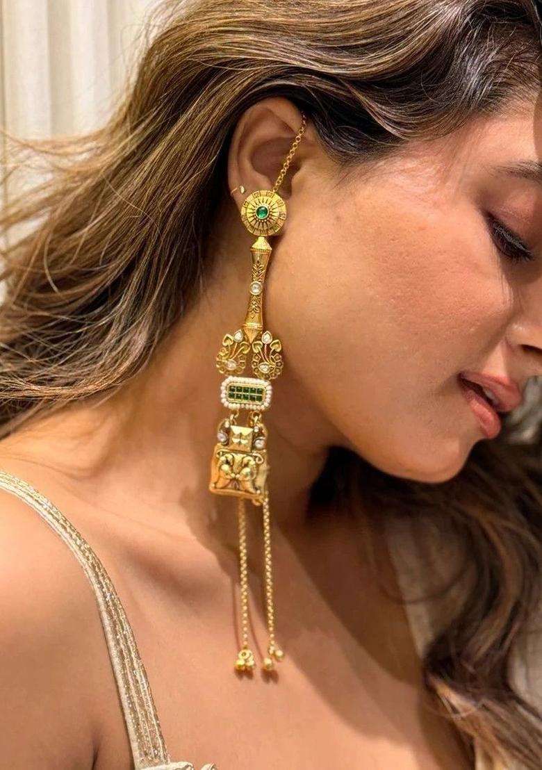 Gold-Plated Geometric Drop Earrings with Kundan for Women | Traditional Temple Jewellery for Wedding & Festive Wear | Gift for Her - Indya