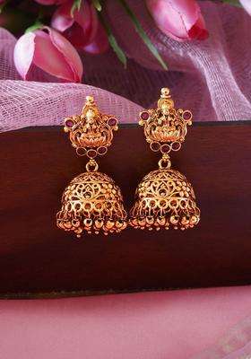Gold-Plated Classic Jhumkas Earrings with Ruby Stone for Women | Traditional Temple Jewellery for Wedding & Festive Wear | Gift for Her