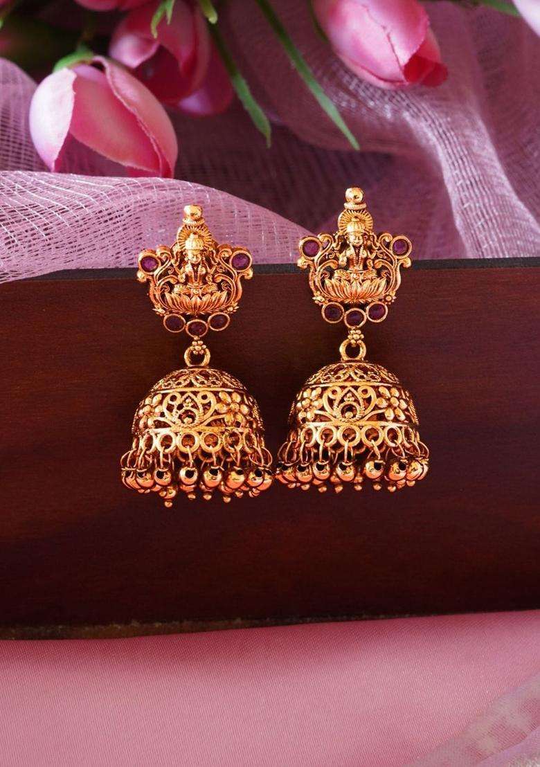 Gold-Plated Classic Jhumkas Earrings with Ruby Stone for Women | Traditional Temple Jewellery for Wedding & Festive Wear | Gift for Her - Indya