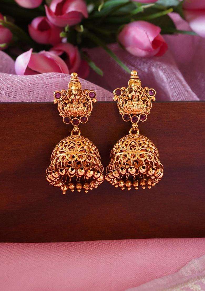 Gold-Plated Classic Jhumkas Earrings with Ruby Stone for Women | Traditional Temple Jewellery for Wedding & Festive Wear | Gift for Her - Indya