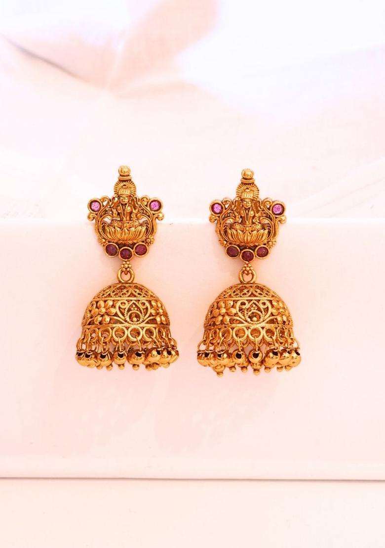 Gold-Plated Classic Jhumkas Earrings with Ruby Stone for Women | Traditional Temple Jewellery for Wedding & Festive Wear | Gift for Her - Indya