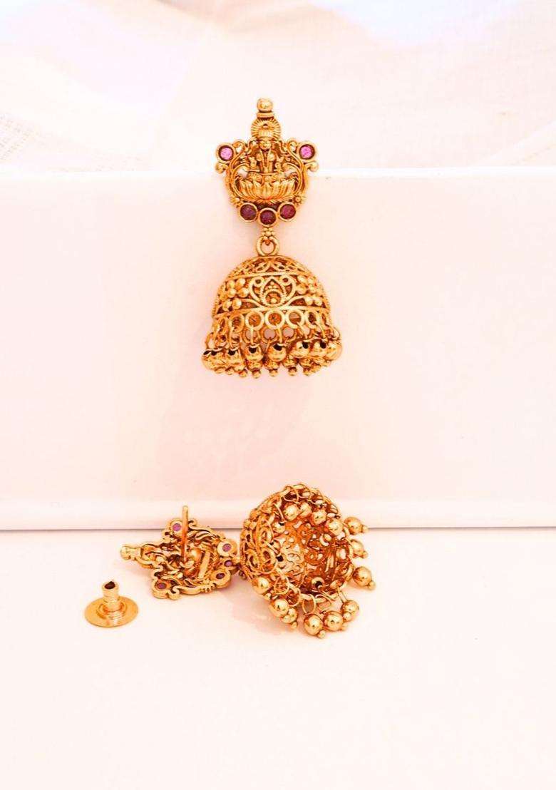 Gold-Plated Classic Jhumkas Earrings with Ruby Stone for Women | Traditional Temple Jewellery for Wedding & Festive Wear | Gift for Her - Indya