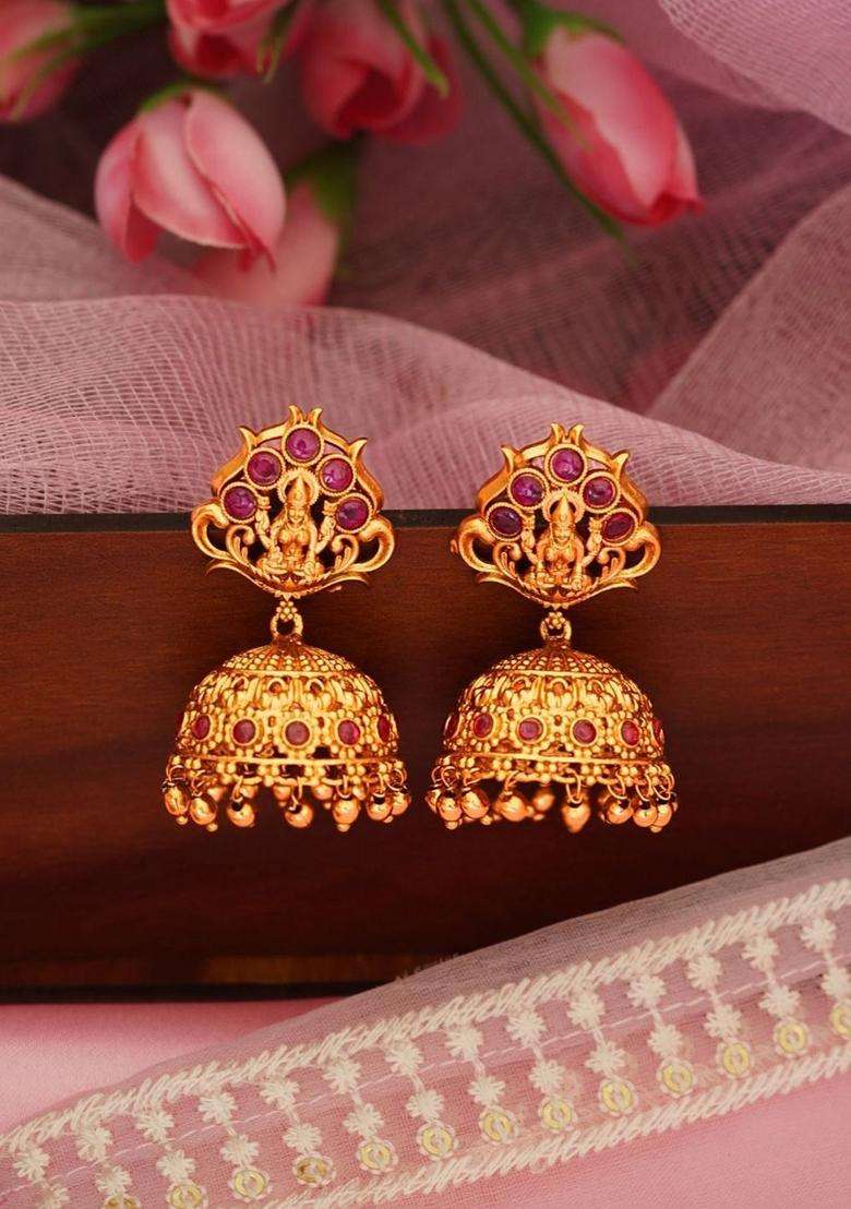 Gold-Plated Classic Jhumkas Earrings with Ruby Stone for Women | Traditional Temple Jewellery for Wedding & Festive Wear | Gift for Her - Indya
