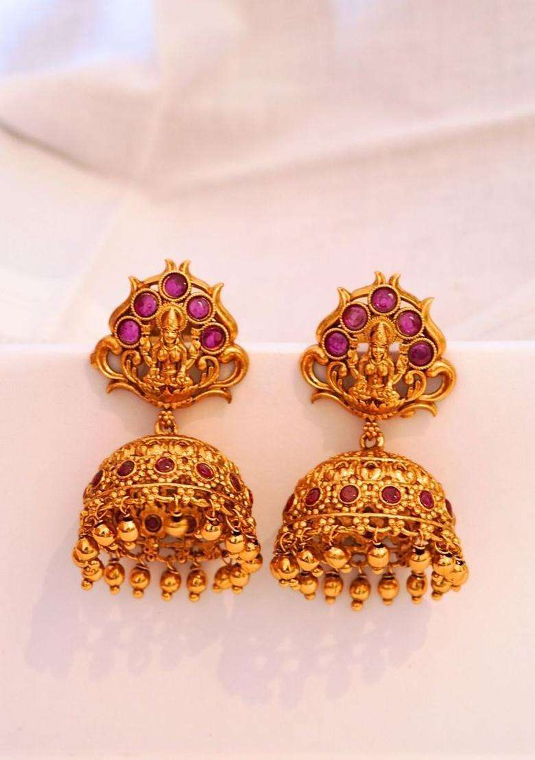 Gold-Plated Classic Jhumkas Earrings with Ruby Stone for Women | Traditional Temple Jewellery for Wedding & Festive Wear | Gift for Her - Indya