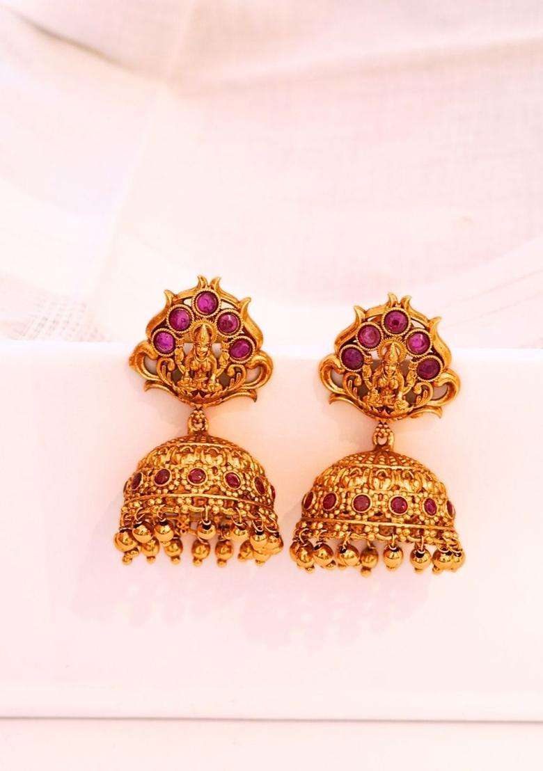 Gold-Plated Classic Jhumkas Earrings with Ruby Stone for Women | Traditional Temple Jewellery for Wedding & Festive Wear | Gift for Her - Indya