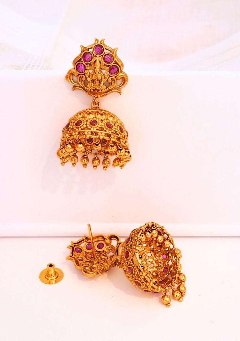 Gold-Plated Classic Jhumkas Earrings with Ruby Stone for Women | Traditional Temple Jewellery for Wedding & Festive Wear | Gift for Her - Indya