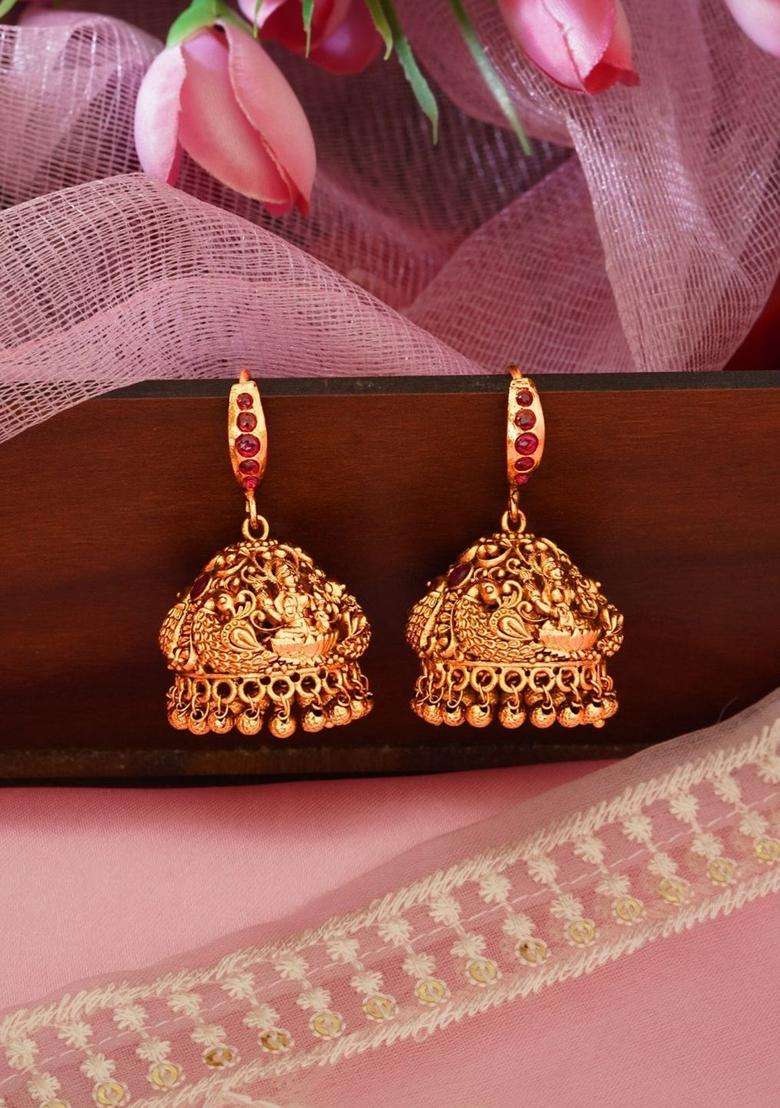 Gold-Plated Classic Jhumkas Earrings with Ruby Stone for Women | Traditional Temple Jewellery for Wedding & Festive Wear | Gift for Her - Indya