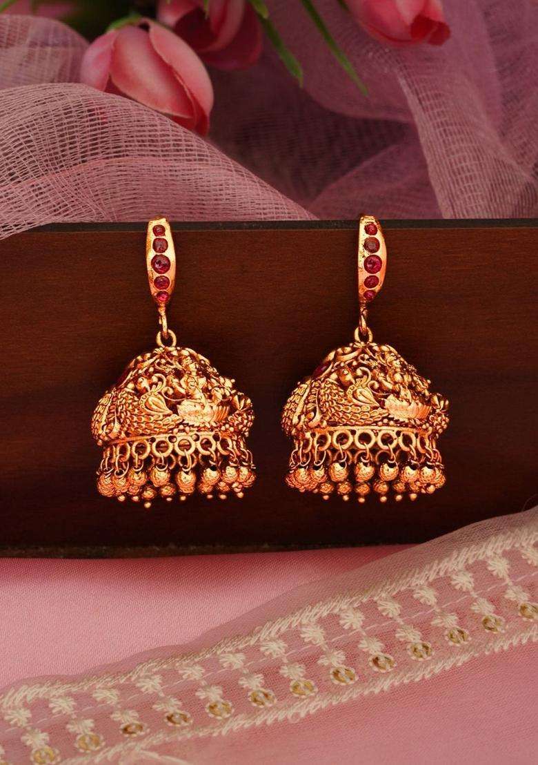 Gold-Plated Classic Jhumkas Earrings with Ruby Stone for Women | Traditional Temple Jewellery for Wedding & Festive Wear | Gift for Her - Indya