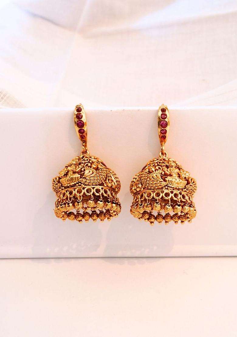 Gold-Plated Classic Jhumkas Earrings with Ruby Stone for Women | Traditional Temple Jewellery for Wedding & Festive Wear | Gift for Her - Indya