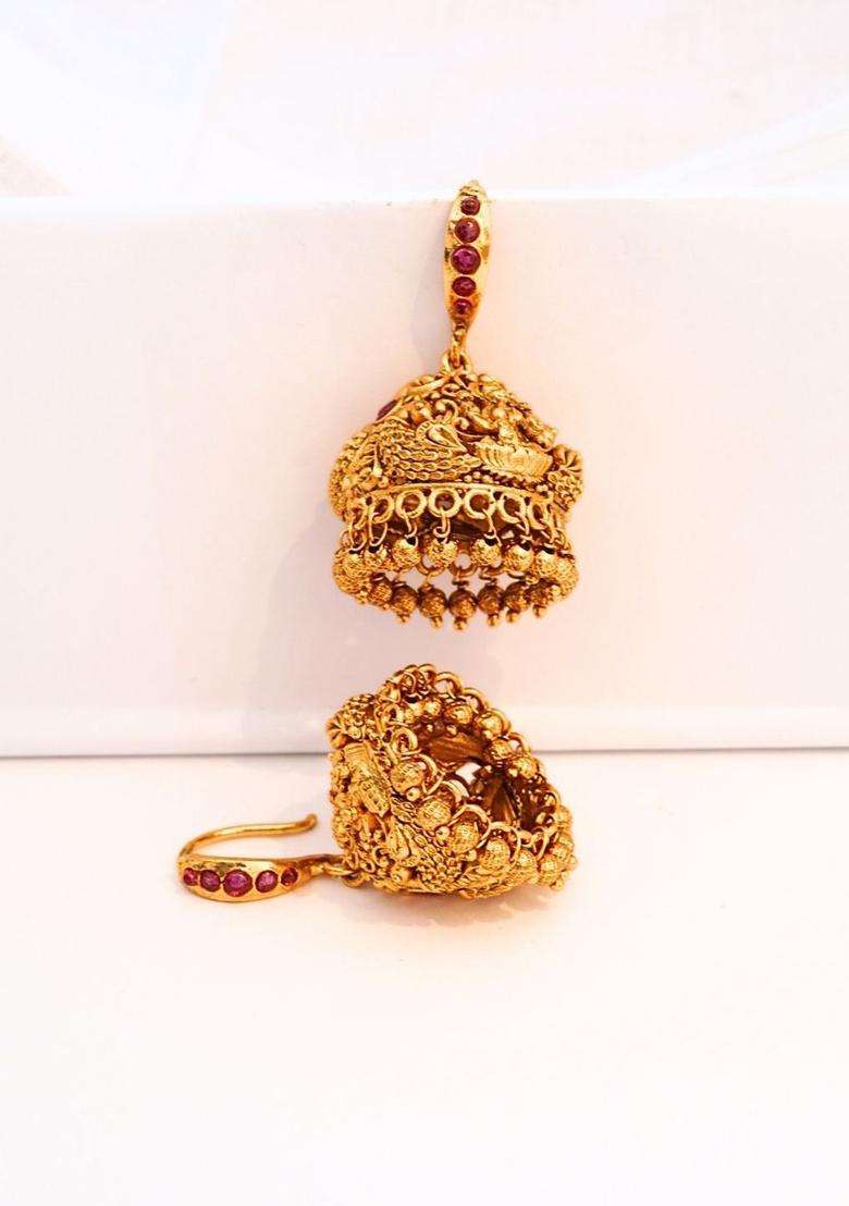 Gold-Plated Classic Jhumkas Earrings with Ruby Stone for Women | Traditional Temple Jewellery for Wedding & Festive Wear | Gift for Her - Indya