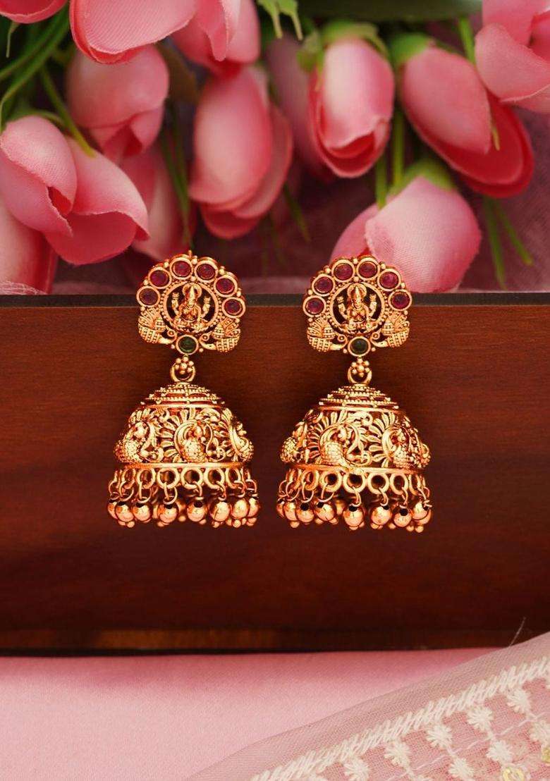 Gold-Plated Classic Jhumkas Earrings with Ruby Stone for Women | Traditional Temple Jewellery for Wedding & Festive Wear | Gift for Her - Indya