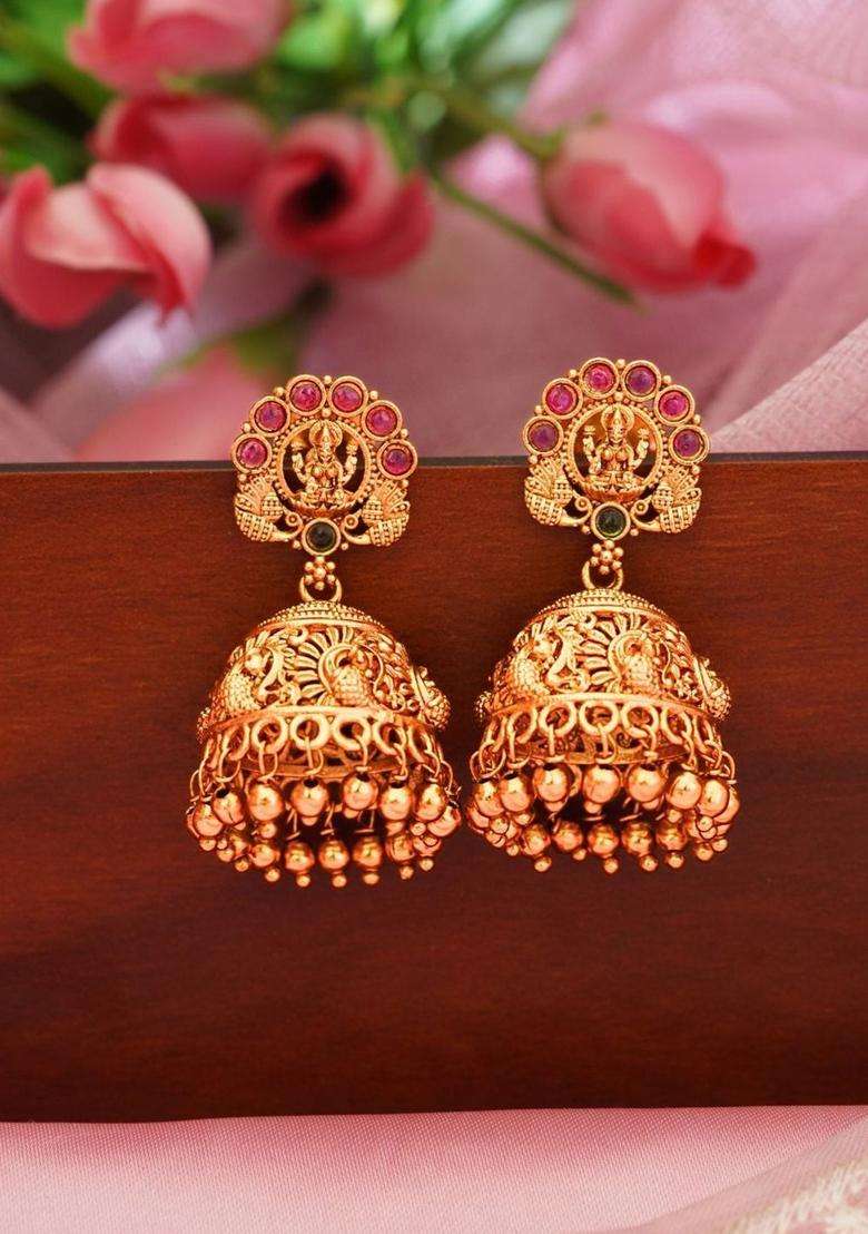Gold-Plated Classic Jhumkas Earrings with Ruby Stone for Women | Traditional Temple Jewellery for Wedding & Festive Wear | Gift for Her - Indya