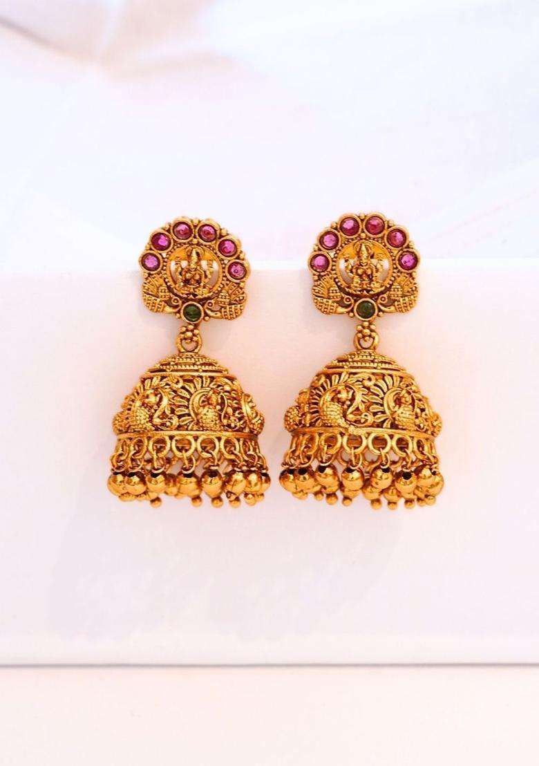 Gold-Plated Classic Jhumkas Earrings with Ruby Stone for Women | Traditional Temple Jewellery for Wedding & Festive Wear | Gift for Her - Indya