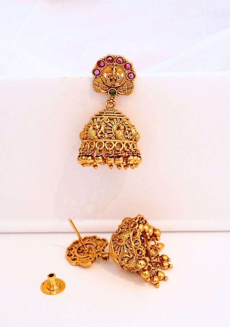 Gold-Plated Classic Jhumkas Earrings with Ruby Stone for Women | Traditional Temple Jewellery for Wedding & Festive Wear | Gift for Her - Indya
