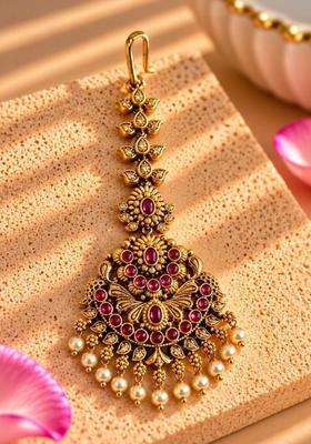 Gold-Plated Artificial Stones and Beads Studded Maang Tikka Head Jewellery for Women | Traditional Temple Jewellery for Wedding & Festive Wear | Gift for Her
