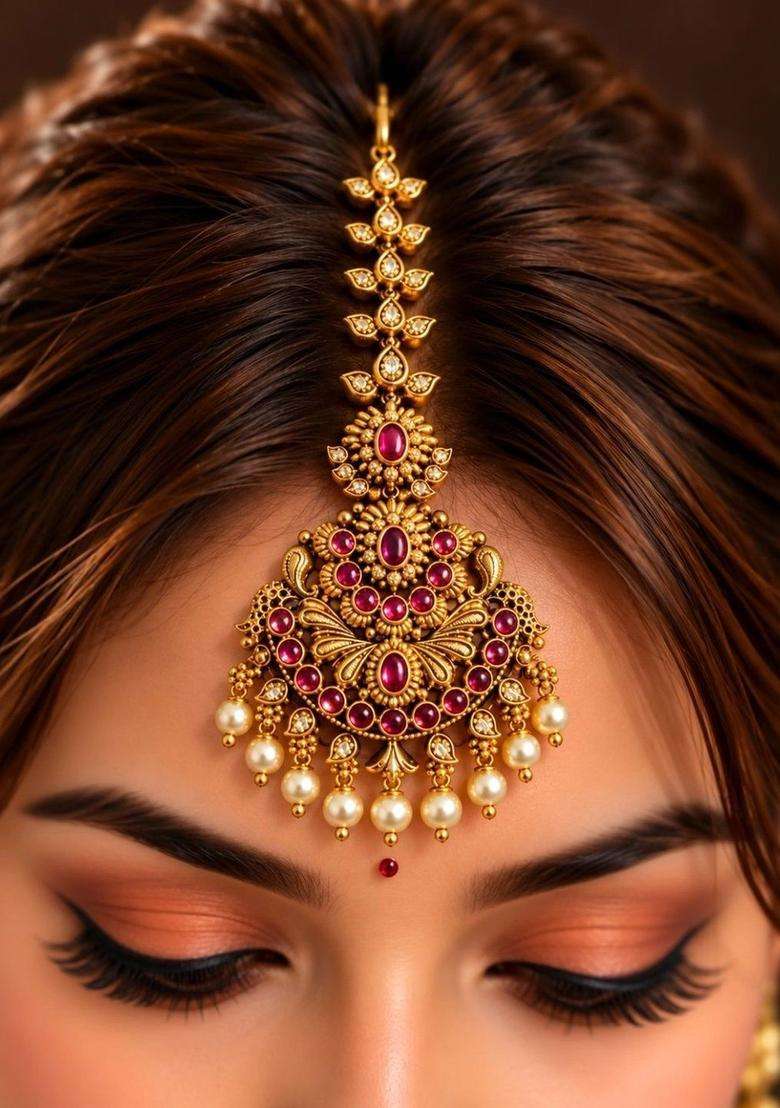 Gold-Plated Artificial Stones and Beads Studded Maang Tikka Head Jewellery for Women | Traditional Temple Jewellery for Wedding & Festive Wear | Gift for Her - Indya