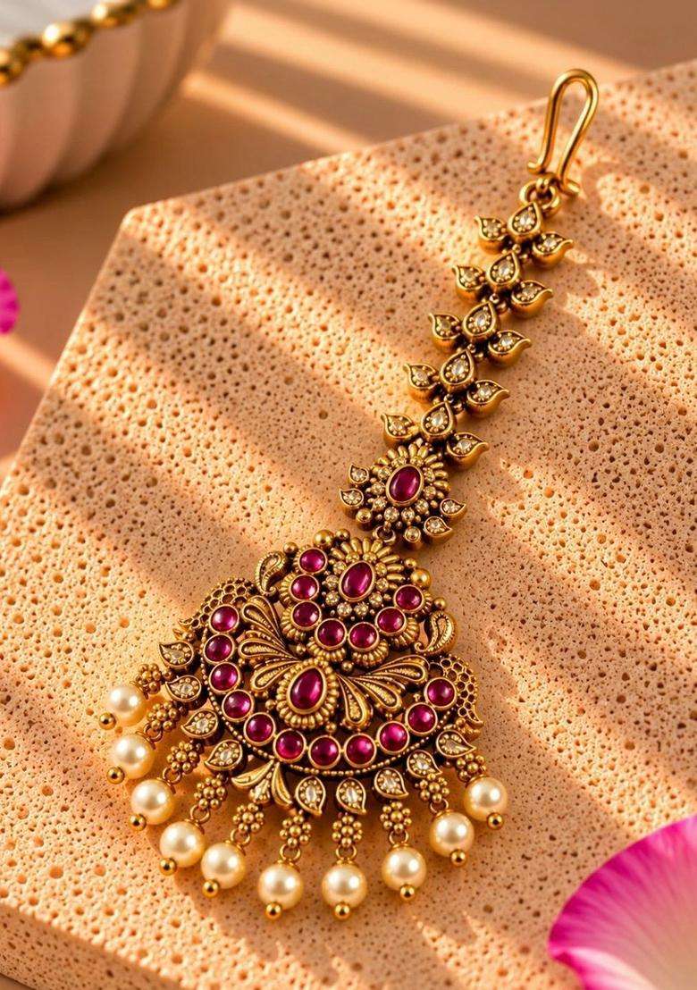 Gold-Plated Artificial Stones and Beads Studded Maang Tikka Head Jewellery for Women | Traditional Temple Jewellery for Wedding & Festive Wear | Gift for Her - Indya