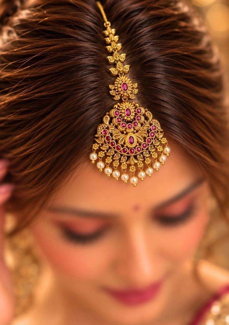 Gold-Plated Artificial Stones and Beads Studded Maang Tikka Head Jewellery for Women | Traditional Temple Jewellery for Wedding & Festive Wear | Gift for Her - Indya