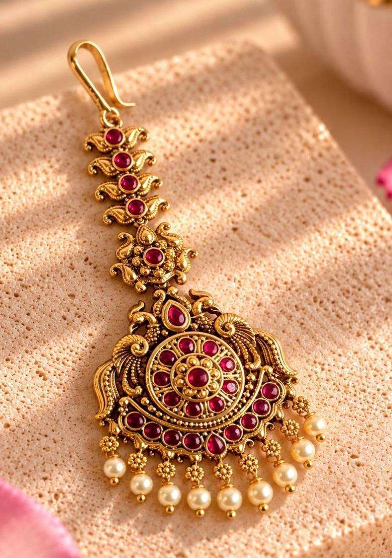Gold-Plated Artificial Stones and Beads Studded Maang Tikka Head Jewellery for Women | Traditional Temple Jewellery for Wedding & Festive Wear | Gift for Her - Indya