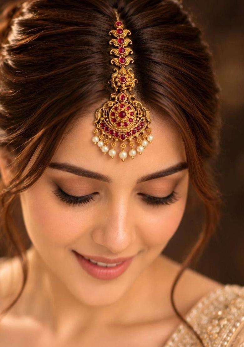 Gold-Plated Artificial Stones and Beads Studded Maang Tikka Head Jewellery for Women | Traditional Temple Jewellery for Wedding & Festive Wear | Gift for Her - Indya
