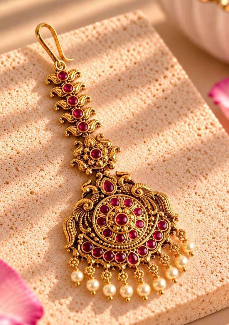 Gold-Plated Artificial Stones and Beads Studded Maang Tikka Head Jewellery for Women | Traditional Temple Jewellery for Wedding & Festive Wear | Gift for Her - Indya