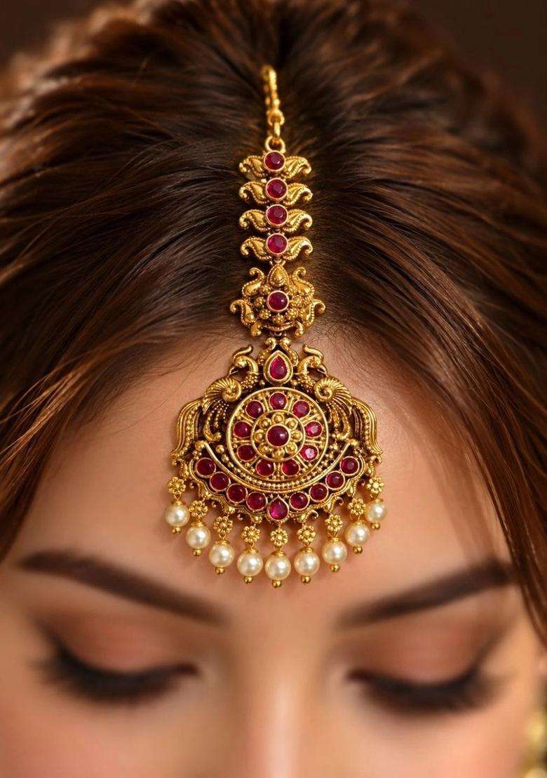 Gold-Plated Artificial Stones and Beads Studded Maang Tikka Head Jewellery for Women | Traditional Temple Jewellery for Wedding & Festive Wear | Gift for Her - Indya