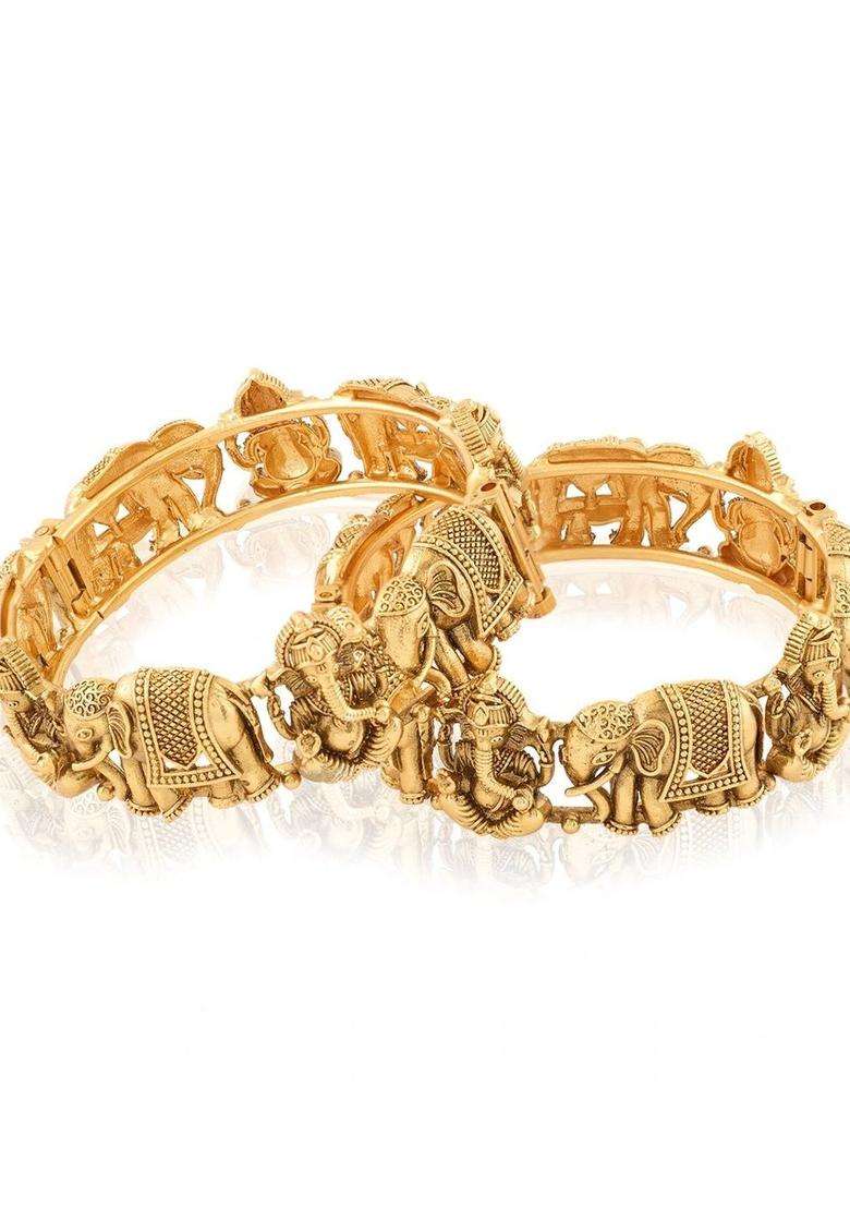 2 Brass Temple Gold-Plated Bangle-Style Bracelet for Women | Traditional Temple Jewellery for Wedding & Festive Wear | Gift for Her - Indya