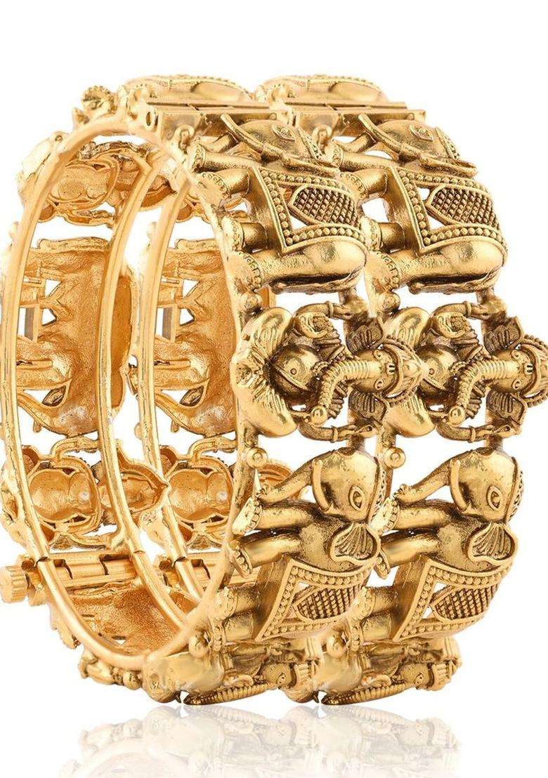 2 Brass Temple Gold-Plated Bangle-Style Bracelet for Women | Traditional Temple Jewellery for Wedding & Festive Wear | Gift for Her - Indya