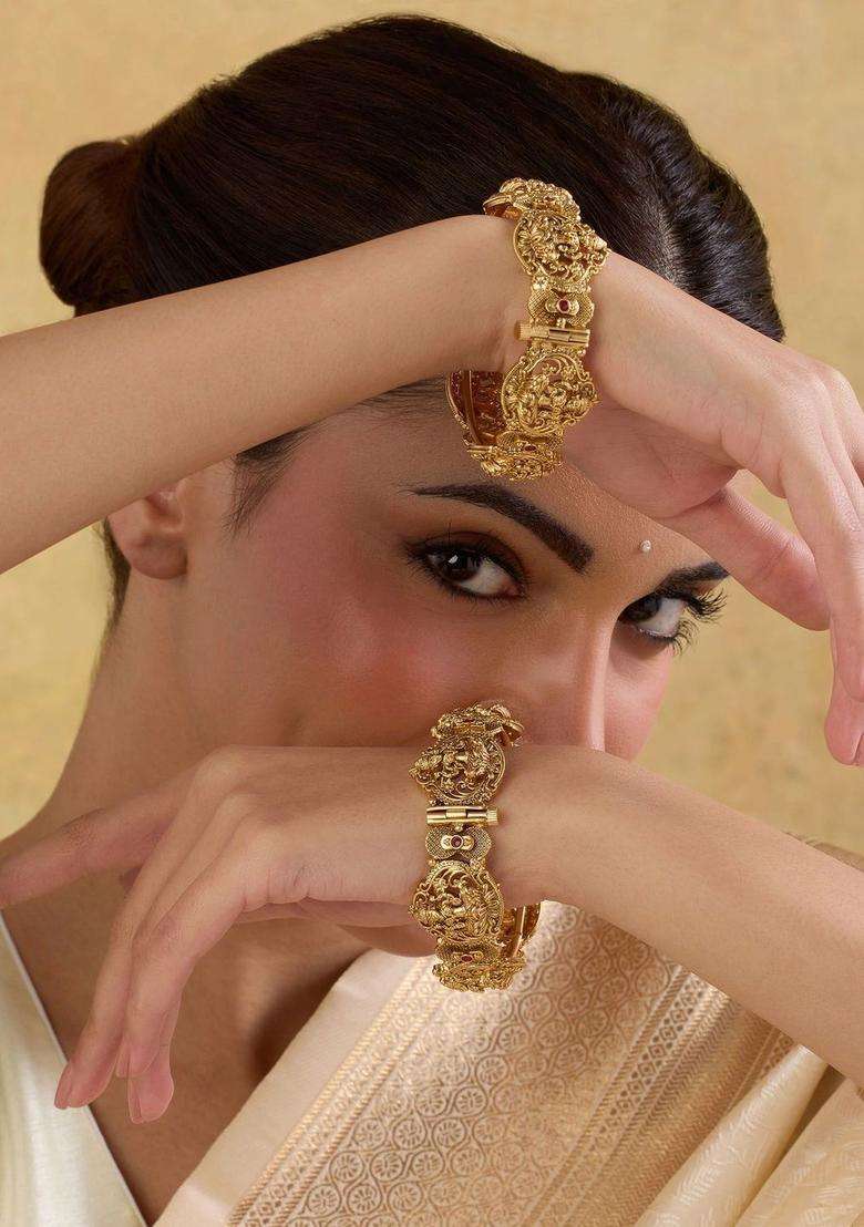Brass Temple Gold-Plated Bangle-Style Bracelet for Women | Traditional Temple Jewellery for Wedding & Festive Wear | Gift for Her - Indya