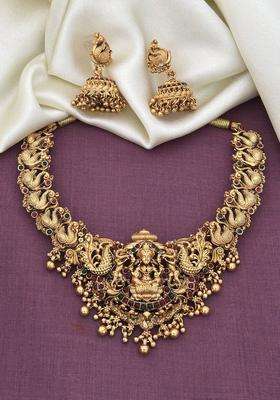 Gold-Plated Artificial Stones Studded and Beaded Temple Jewellery Set for Women | Traditional Temple Jewellery for Wedding & Festive Wear | Gift for Her