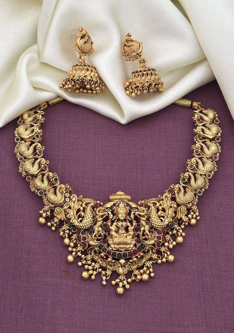 Gold-Plated Artificial Stones Studded and Beaded Temple Jewellery Set for Women | Traditional Temple Jewellery for Wedding & Festive Wear | Gift for Her - Indya